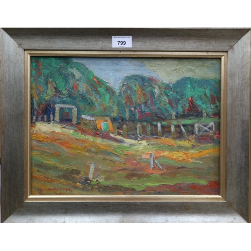 799 - GORDON COCKBURN (SCOTTISH 1944-2022)SHEPERD HUTSOil on board, signed lower left, 26 x 28cmTitled and... 