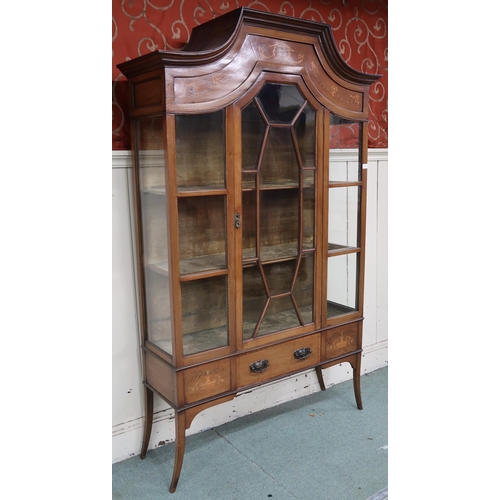 15 - A late Victorian mahogany and satinwood inlaid display cabinet with single central glazed door flank... 