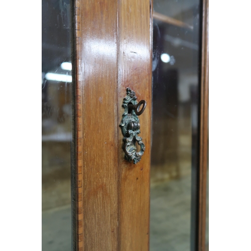 15 - A late Victorian mahogany and satinwood inlaid display cabinet with single central glazed door flank... 