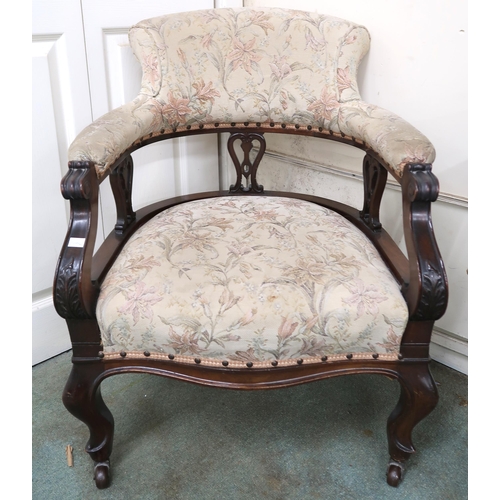 20 - A lot to include Victorian upholstered tub chair, two drawer occasional table and a mahogany baromet... 