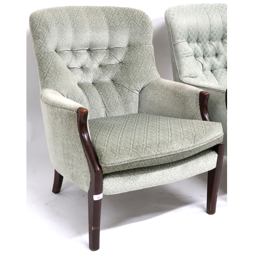 33 - A pair of 20th century mahogany framed armchairs, one upholstered in green button back velour and th... 