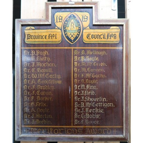 45 - A lot to include Knights of St Columba Grand Knights board, roll of honour board, meritorious award ... 