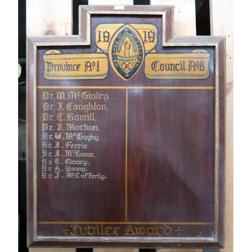 45 - A lot to include Knights of St Columba Grand Knights board, roll of honour board, meritorious award ... 