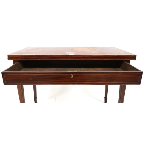 6 - A Victorian mahogany and satinwood inlaid single drawer fold over tea table on square tapering suppo... 