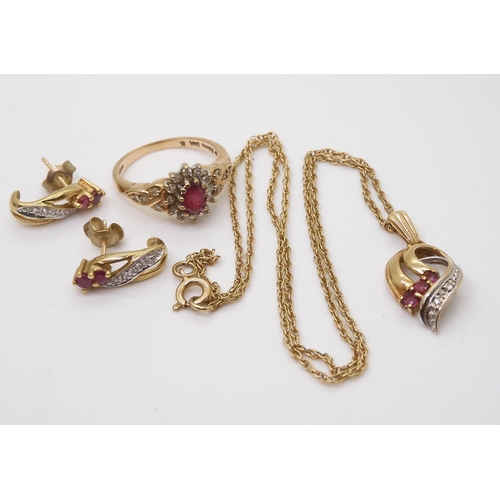 598 - A 9ct gold ruby and diamond pendant on chain and matching earrings together with a similar ring set ... 