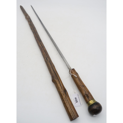 449 - A knotwood sword stick walking cane, the concealed blade measuring approx. 56cm in length; together ... 