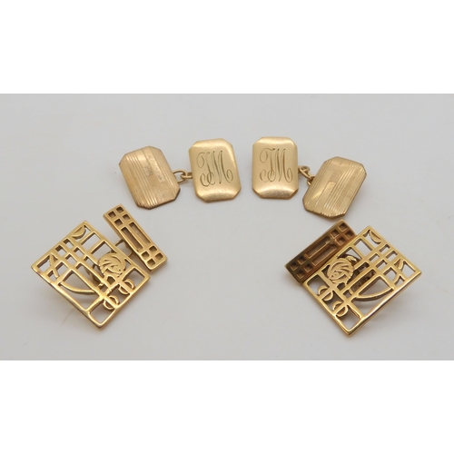 503 - A pair of 9ct gold Mackintosh style cufflinks together with a back & front Deco pattern monogram... 