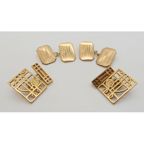 503 - A pair of 9ct gold Mackintosh style cufflinks together with a back & front Deco pattern monogram... 