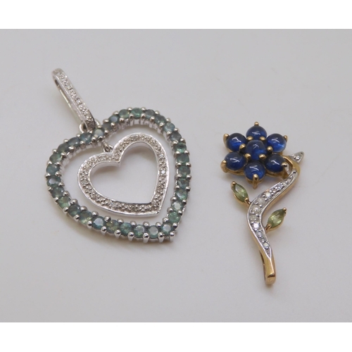 521 - A 9ct gold kyanite, peridot and diamond flower pendant, length 3cm, together with a 9ct white gold g... 