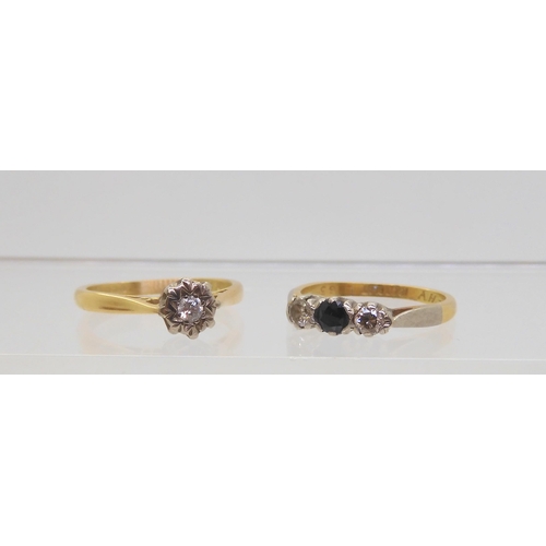 547 - An 18ct gold illusion set solitaire diamond ring, size J, together with a sapphire and diamond three... 