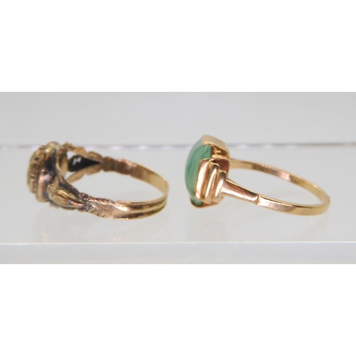 558 - A 9ct gold deco ring set with green glass, size L, together with a yellow metal Victorian ring, size... 