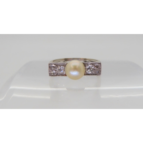 563 - A white metal Art Deco pearl & old cut diamond ring, size L, weight 3.2gms