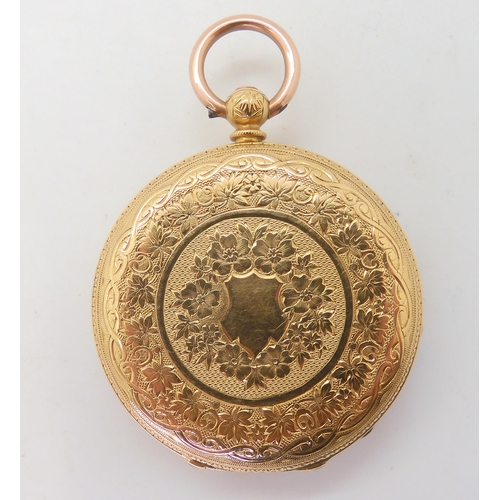 569 - An 18ct open face fob watch, with gold coloured dial diameter 3.6cm, weight including mechanism and ... 