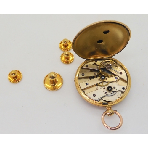 569 - An 18ct open face fob watch, with gold coloured dial diameter 3.6cm, weight including mechanism and ... 