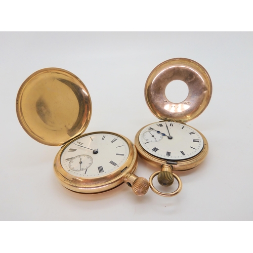 579 - A 9ct gold half hunter pocket watch, diameter 5cm, weight including mechanism 82.7gms,  togethe... 