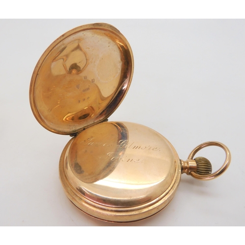 579 - A 9ct gold half hunter pocket watch, diameter 5cm, weight including mechanism 82.7gms,  togethe... 