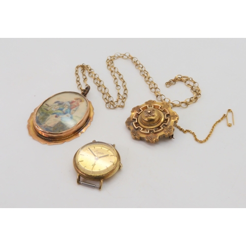 584 - A collection of 9ct gold and yellow metal items to include a miniature locket pendant painted with a... 