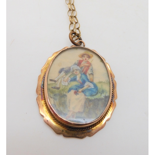 584 - A collection of 9ct gold and yellow metal items to include a miniature locket pendant painted with a... 