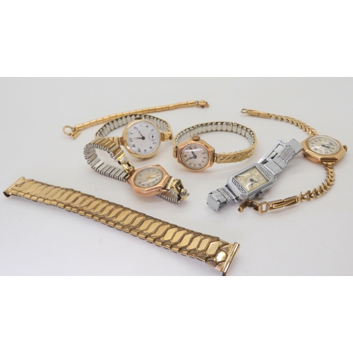 587 - Four 9ct gold cased ladies vintage watches, weight with straps mechanisms etc 77.2gms, together with... 