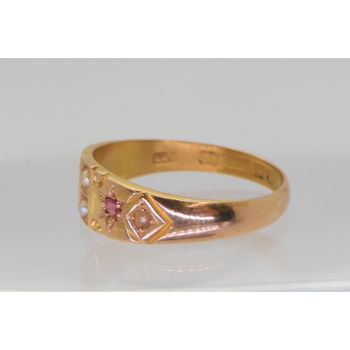 591 - A 15ct gold red gem and pearl ring, hallmarked Birmingham 1906, size L, weight 2.3gms 