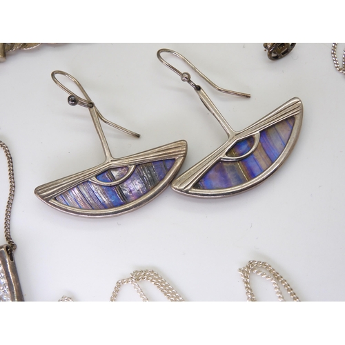 689 - A pair of Pat Cheney silver earrings inlaid with John Ditchfield glass, full PPC hallmarks, a neckla... 