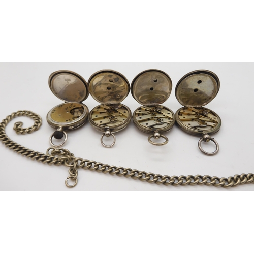 691 - Four silver cased fob watches, one with a silver engraved dial,diameter 4cm, a goliath pocket watch ... 