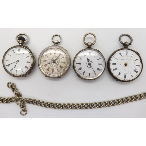 691 - Four silver cased fob watches, one with a silver engraved dial,diameter 4cm, a goliath pocket watch ... 