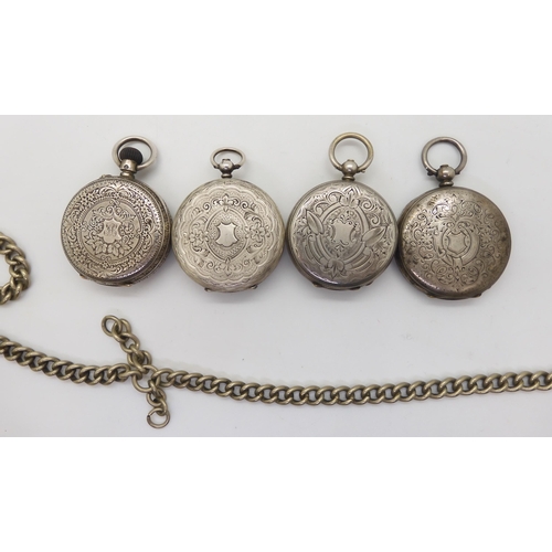 691 - Four silver cased fob watches, one with a silver engraved dial,diameter 4cm, a goliath pocket watch ... 