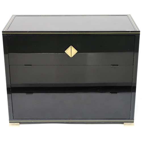 2104 - A MID-20TH CENTURY FRENCH PIERRE VANDEL BUFFET CHESTblack lacquer and glass with gilt trim and handl... 