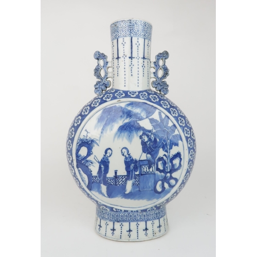 2360 - A CHINESE BLUE AND WHITE PILGRIM BOTTLE painted with panels of figures in gardens within a blos... 