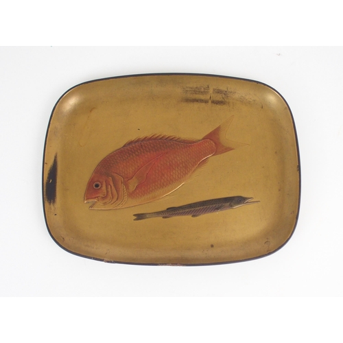 2366 - A JAPANESE LACQUERED TRAYDecorated with two fish in light relief, 15 x 19.5cm... 