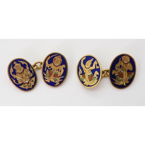 2711 - A PAIR OF 18CT GOLD ENAMELLED CUFFLINKSmanufactured mid-20th century in Bangkok, engraved and enamel... 