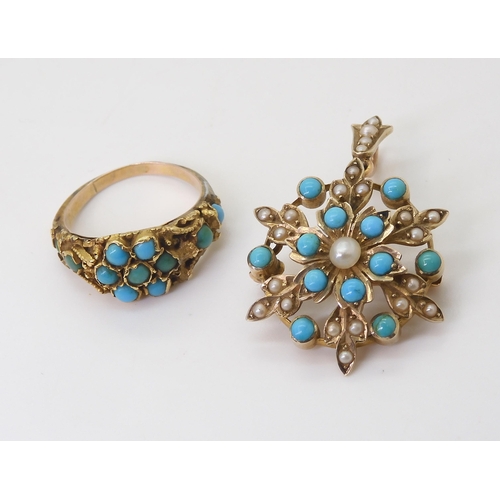 2713 - TWO VINTAGE TURQUOISE ITEMSa turquoise and pearl yellow metal pendant brooch, dimensions with bail, ... 