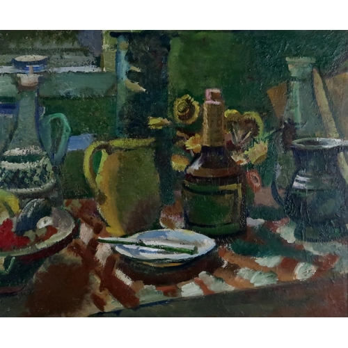 2923 - SCOTTISH SCHOOL (CONTEMPORARY)TABLETOP STILL LIFE, SUNFLOWERSOil on board, 63 x 75cm (24.75 x 29.5