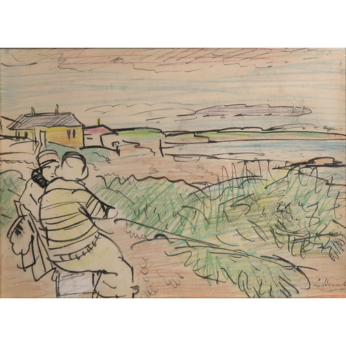 2934 - GEORGE LESLIE HUNTER (SCOTTISH 1877-1931)A BLETHER ON LARGO BEACHInk and crayon on paper, signed low... 