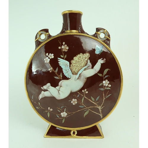 2239 - A MINTON ART STUDIO POTTERY MOON FLASK painted to one side with a bird amongst wisteria, and with a ... 