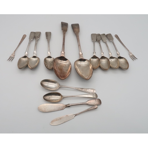 408 - A collection of silver flatware, including two Georgian table spoons, one by William Eaton, London 1... 