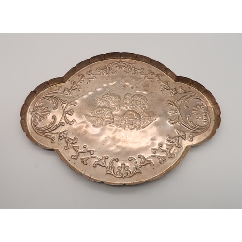 An Elizabeth II silver dish, by Carr's of Sheffield, 1998, of shaped oval form, with moulded scrolling foliate decoration surrounding Reynold's Angels, 23cm, 231gms