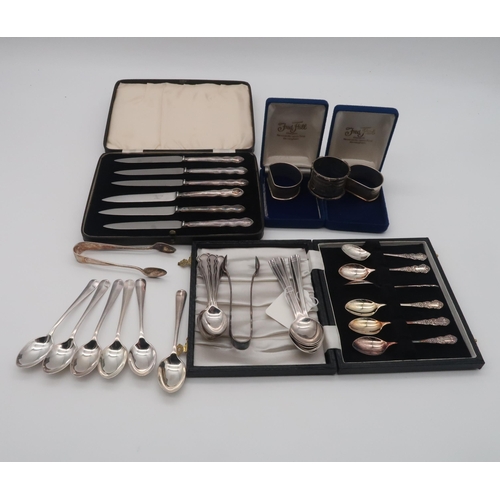 415 - A collection of silver and EPNS including a set of tea spoons & sugar tongs, by Duncan & Sco... 