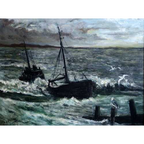 801 - LOXTON Fishing boats coming in, signed, oil on board, 49 x 65cm