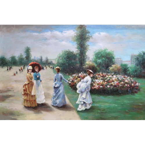 806 - L TRAVIS Ladies walking through a park, signed, oil on canvas, 60 x 90cm