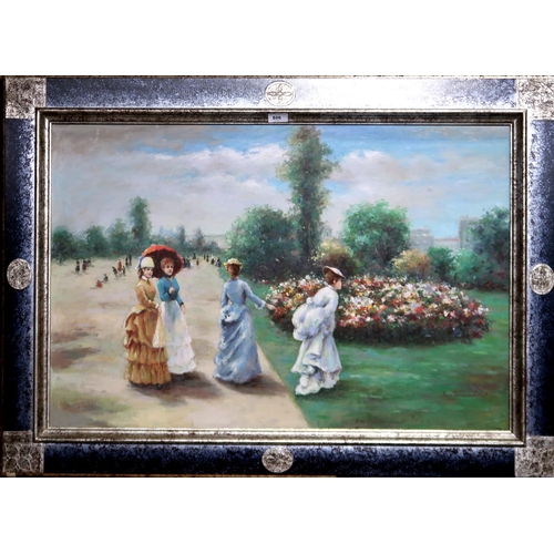 806 - L TRAVIS Ladies walking through a park, signed, oil on canvas, 60 x 90cm