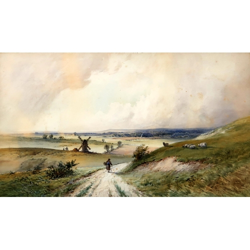 811 - E.S.JOHN Figure approaching a windmill, signed, watercolour,36 x 60cm `