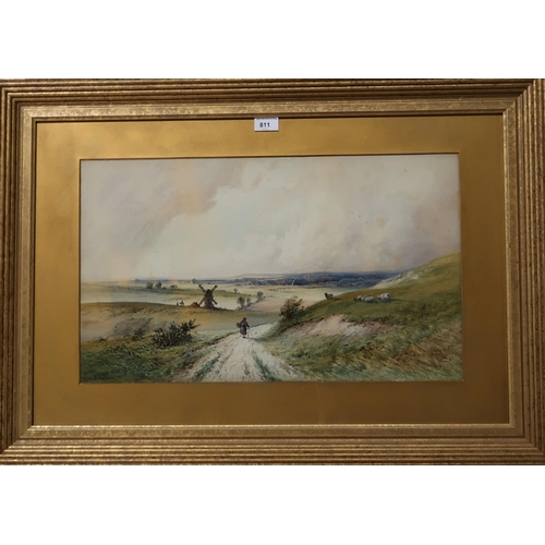 811 - E.S.JOHN Figure approaching a windmill, signed, watercolour,36 x 60cm `