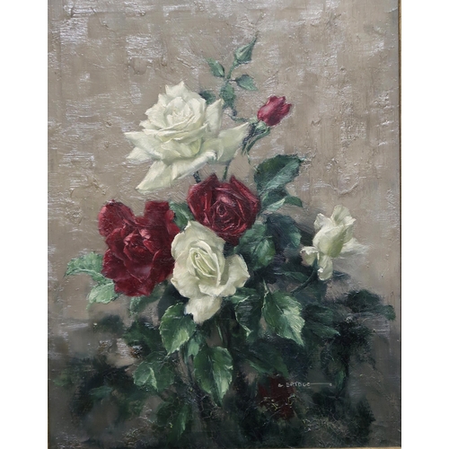 823 - ELIZABETH BRIDGE Mixed roses, signed, oil on canvas, 45 x 34cm 