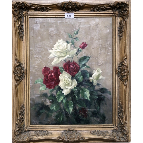 823 - ELIZABETH BRIDGE Mixed roses, signed, oil on canvas, 45 x 34cm 