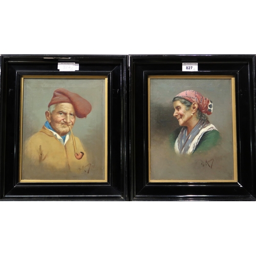 827 - SALVATORE MARESCA Portrait heads of a fisherman and woman, signed,oil on board, 26 x 21cm (2)... 