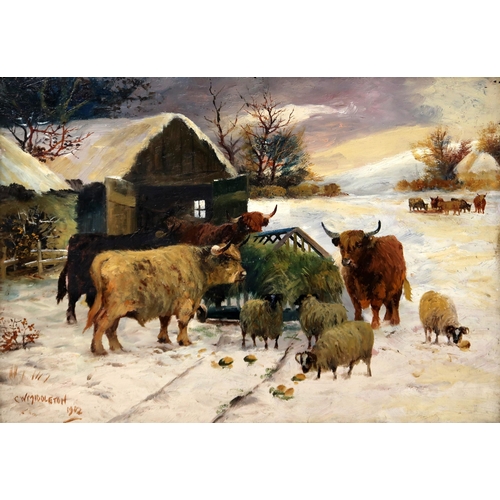 833 - C.W.MIDDLETON Highland cattle feeding, signed, oil on board, 33 x 47cm and another (2)... 