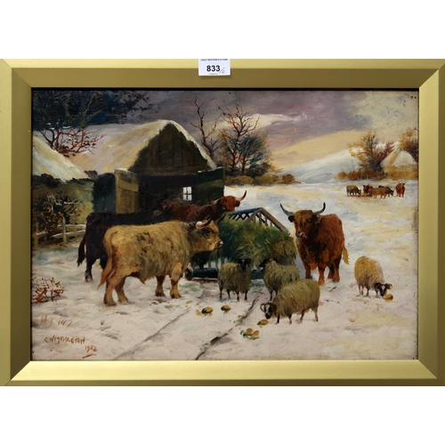 833 - C.W.MIDDLETON Highland cattle feeding, signed, oil on board, 33 x 47cm and another (2)... 