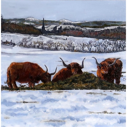 856 - PAULINE MURRAY (SCOTTISH)HIGHLAND CATTLE AT INVERGOWRIEOil on board, signed lower right, 17.5 x 17.5... 